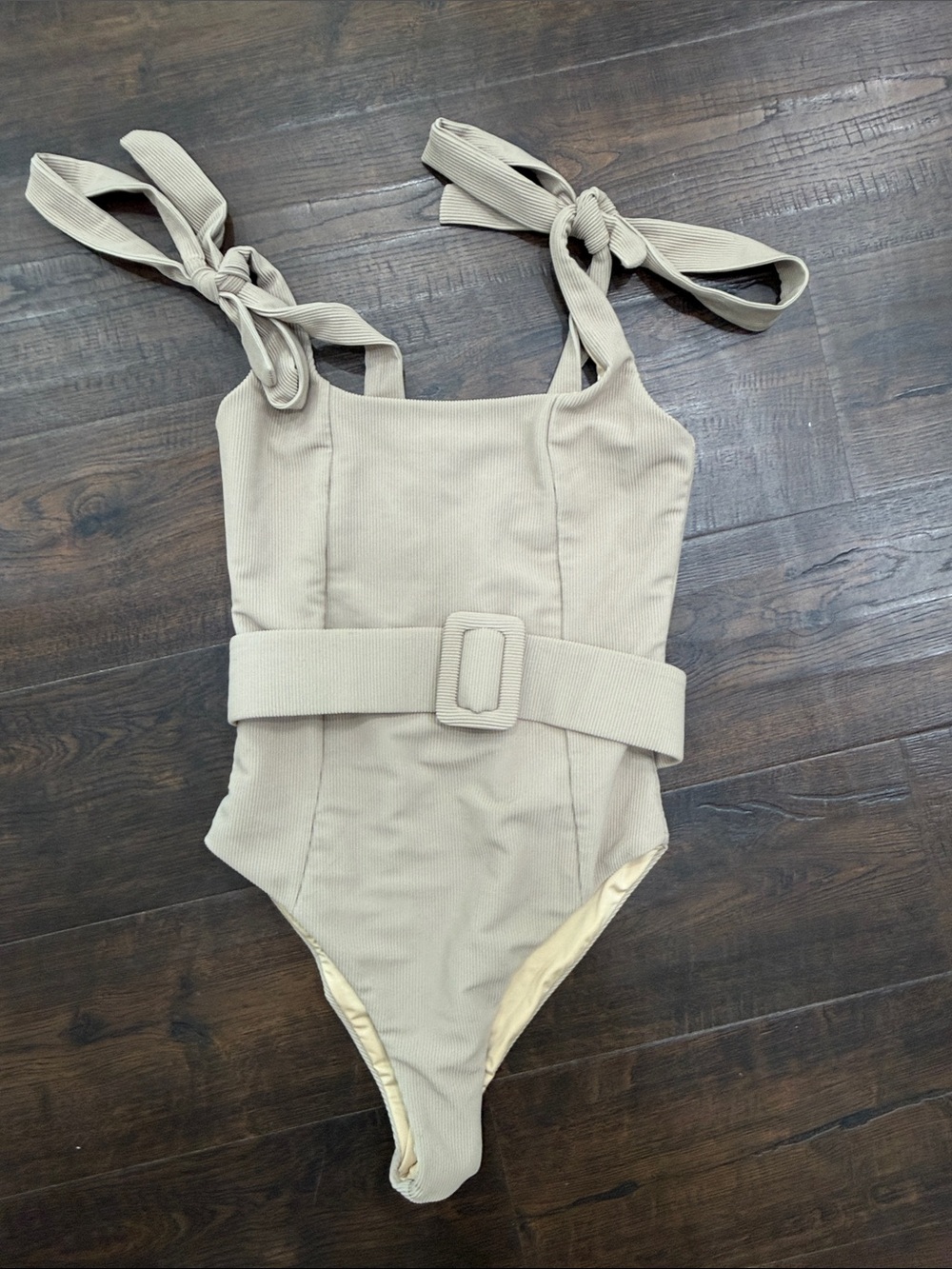 Beach Riot Tie-Shoulder One-Piece Swimsuit in Taupe with Removable Belt S